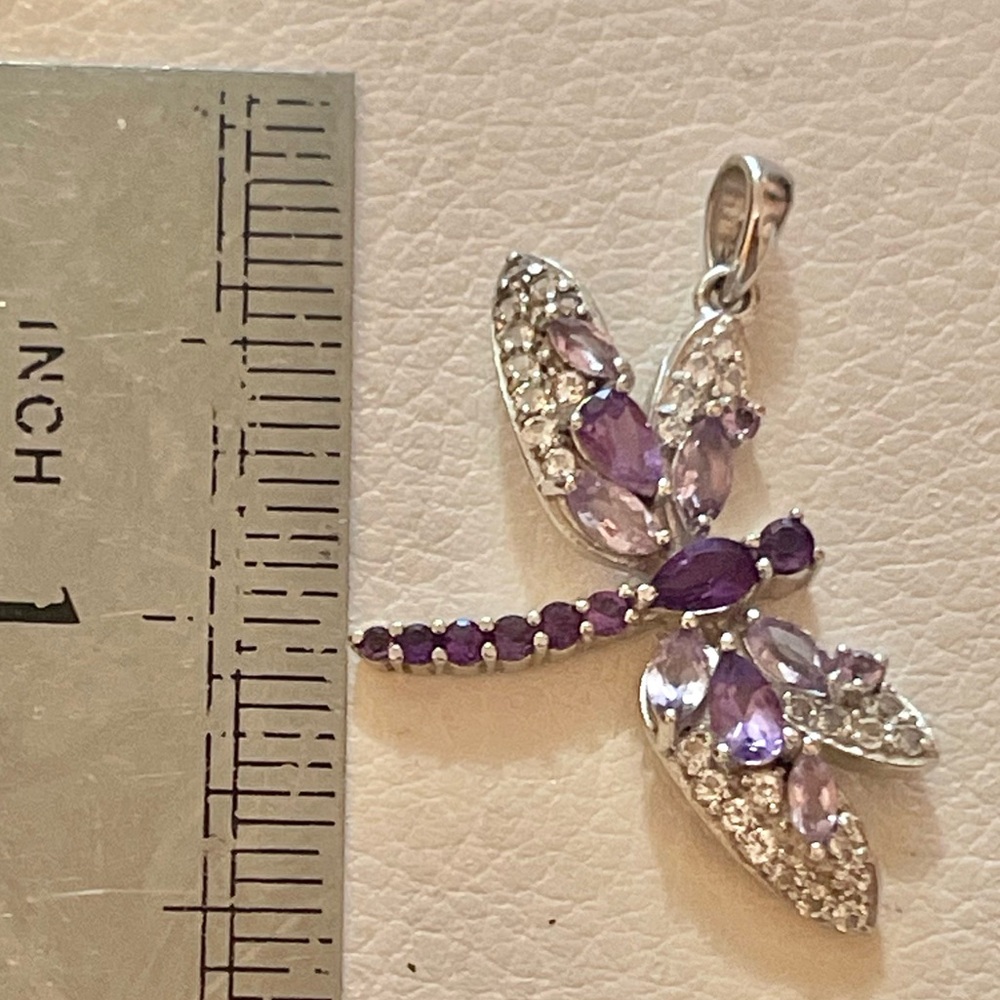 925 sterling silver genuine amethyst with white topaz dragonfly pendant - Picture 2 of 4